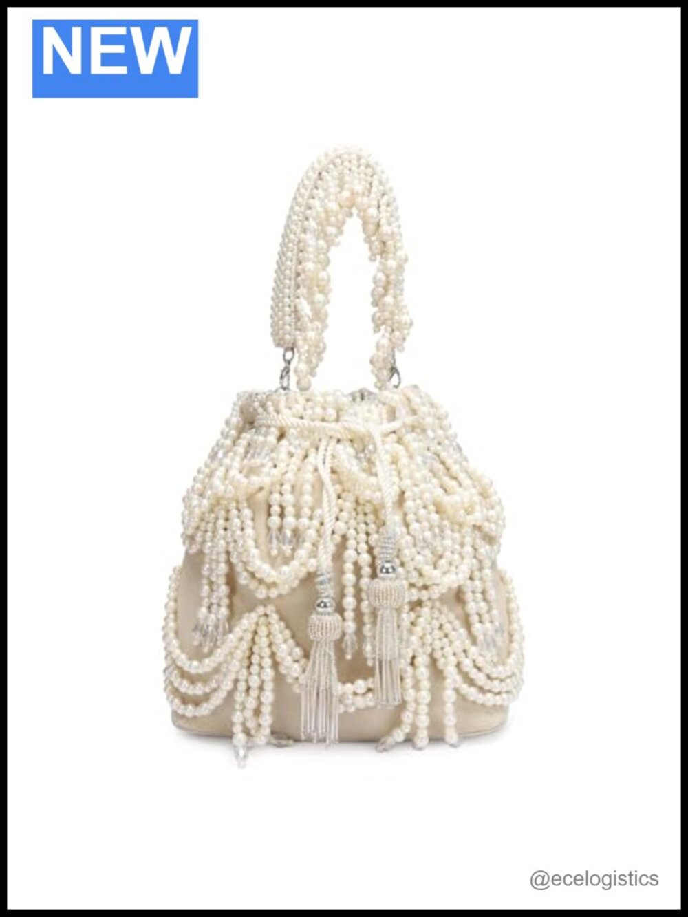 Ivory Pearl Beaded Potli Bag Drawstring Bucket Evening Clutch with Tassel